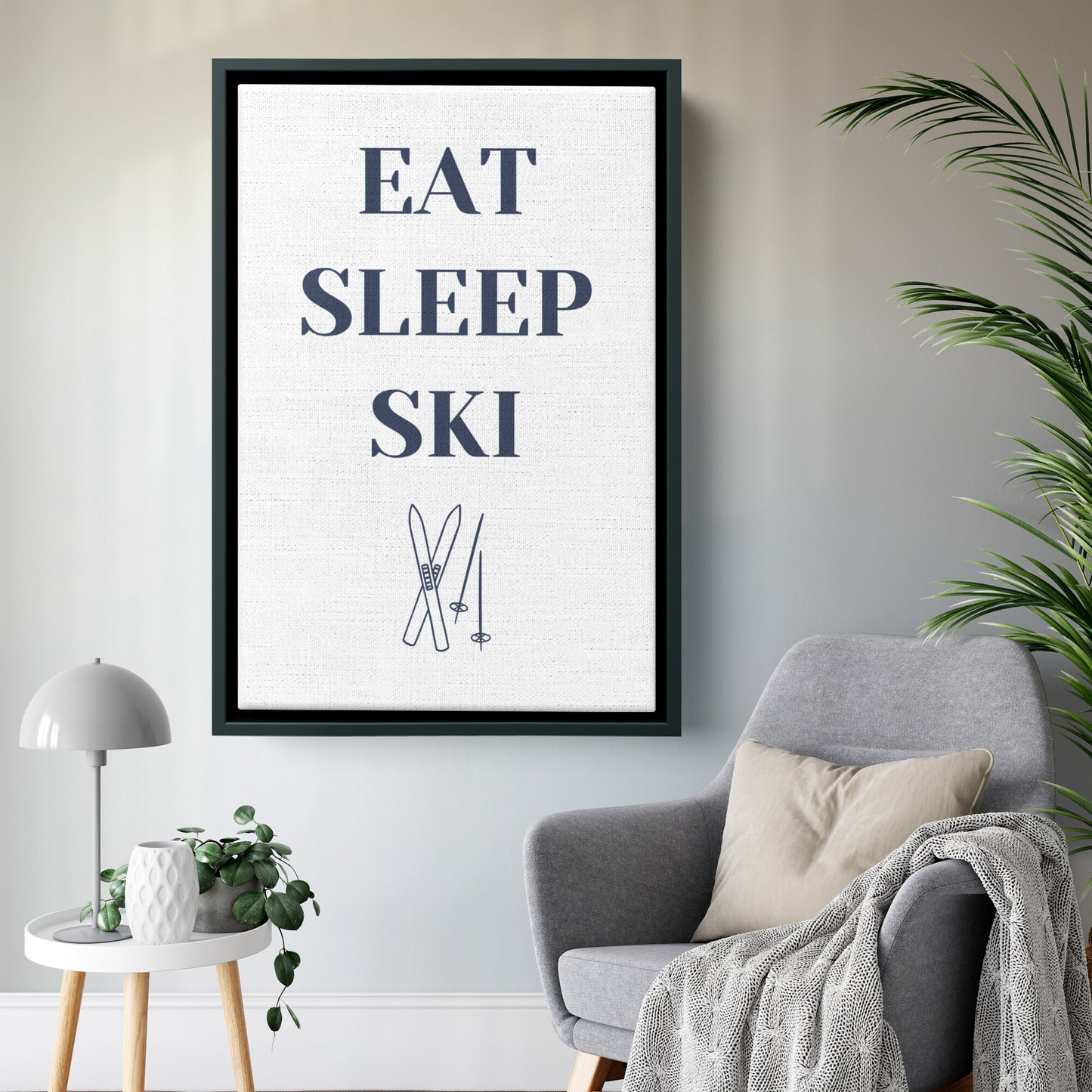 Eat Sleep Ski :: Ski Cabin Decor, Ski House Wall Art (Framed Canvas)