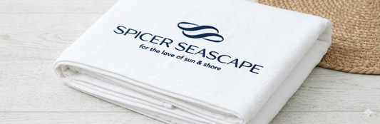 Custom Beach Towel with Spicer Seascape logo and tagline